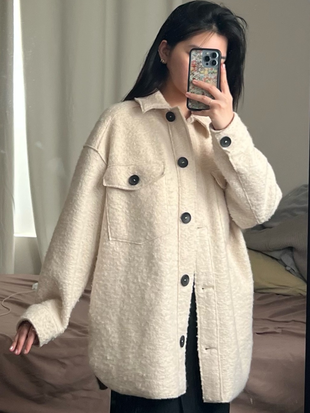 Zara Cream Teddy Shacket with Black Buttons